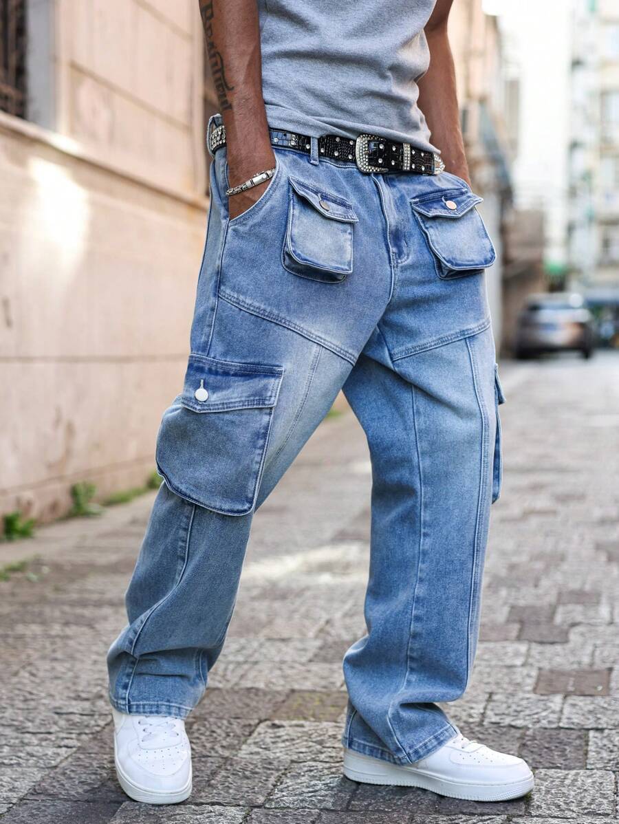 Manfinity EMRG Men's Medium Wash Denim Carpenter Jeans With Multiple Pockets And Zipper Detail - Medium Wash - View 1