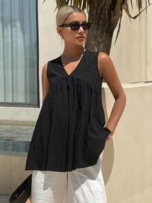 Livesso Solid Color V-Neck Sleeveless Loose Casual Summer Tank Top For Women Babydoll Top