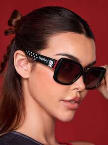 Betty Boop x SHEIN Large Frame Square Black Fashionable Eyeglasses, Polka Dot & Lip Print Versatile For Daily Wear, Comes With Storage Pouch, Suitable For Travel & Outdoor