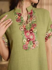 Al Najma Embroidered Collar Flower Design Shoulder Sleeve Stand Collar Elegant Dress, Kaftan