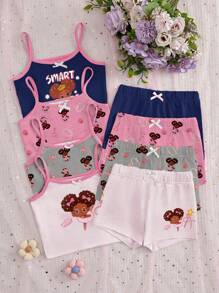 8pcs/Set Girls' Simple Fashion Cartoon Printed Cami Tops And Briefs Undergarment Set