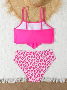 2025 New Girls' Printed Ruffled Trim Tankini Set Bikini, Beach & Pool Swimwear - Hot Pink - View 2