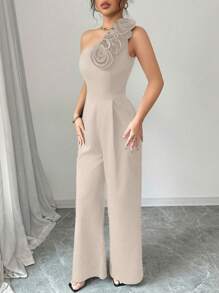 Rafferiza Tuta elegante da donna a colore uniforme, con colletto asimmetrico e fiori 3D, aderente