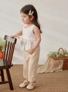 Blossori 女婴 2 件套春/夏编织杏色圆领荷叶边下摆上衣/卡其色裤子 - 白色 - 查看 4