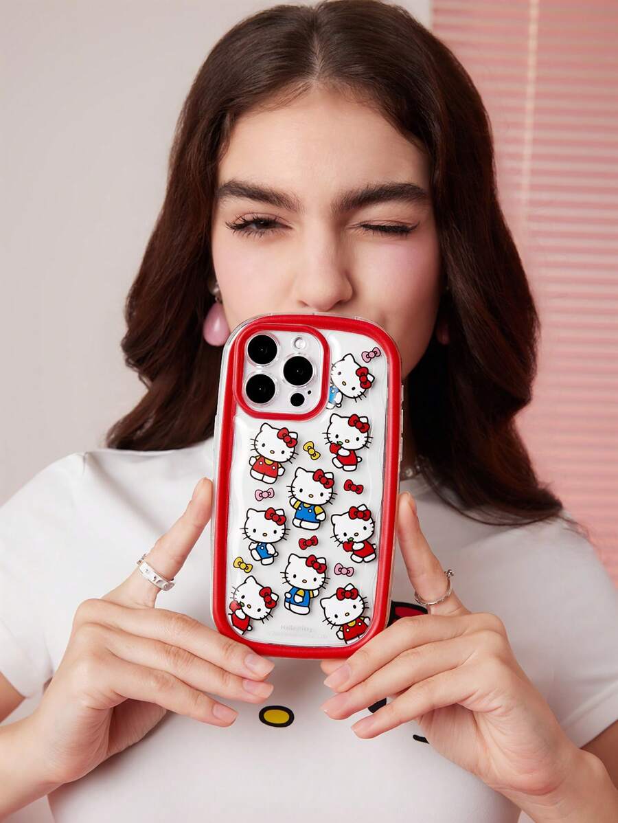 HELLO KITTY AND FRIENDS | SHEIN Cute Cat Printed Mobile Phone Case, Transparent Bow Print - Transparent Red Border Color Mobile Phone Case Compatible With Iphone - Multicolor - View 1