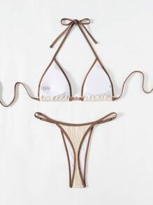 Swim Mod 2 Stücke/Set Damen elegantes Halfter gebundenes Aprikose & Kaffee Schnürbikini Set mit Metall Dekoration, passend für Resort Urlaub, Frühling/Sommer