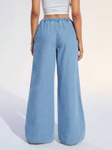 SHEIN EZwear 女士蕾丝边松紧腰直筒牛仔裤，浅色水洗，休闲日常穿着 - 淺色水洗藍 - 查看 2
