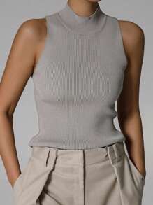 DAZY Women Half-Turtleneck Sleeveless Slim Fit Knit Tank Top - Grey - View 1