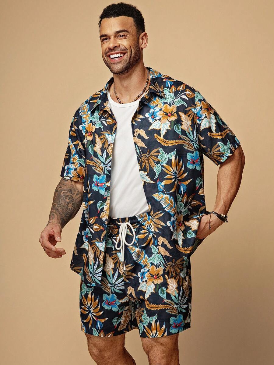 EASEVO Plus Size Men Loose Casual Printed Woven Shirt & Shorts Set - Multicolor - View 1