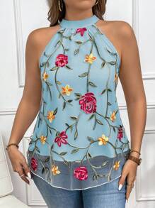 SHEIN LUNE Plus Size Women's Boho Halter Neck Sleeveless Woven Blouse With Floral Embroidery And Regular Hem - Blue - View 3