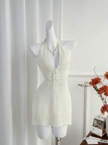 SHEIN Unity 夏季新款 V 领性感镂空露背沙滩度假休闲高腰修身针织连衣裙