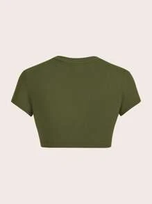 SHEIN ICON 休闲简约深军绿色圆领短袖修身短款女式T恤，适合夏季