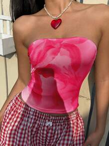 SHEIN EZwear Áo crop top họa tiết hoa màu hồng đơn giản dành cho nữ, phù hợp cho mùa hè - Nhiều màu - Xem 3