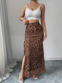 Rafferiza Women's Leopard Print Mesh Drawstring Slit Midi Skirt, Fashionable & Elegant Fall Cloth For Women - Khaki - View 3