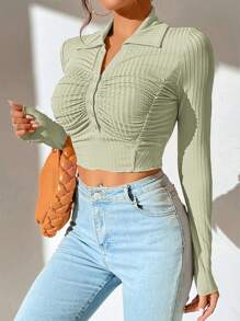 SHEIN EZwear Áo thun nữ Xù Gân đan màu trơn Giải trí - Màu xanh Ô liu - Xem 3