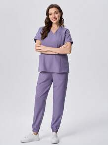 Scrubzie 2 件套女士手术服制服上衣，V 领，带口袋，带抽绳裤，抗皱