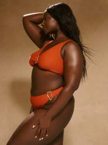 MUSERA Plus Thick Strap Metal Ring Trim Sides Bikini Bottom Only Boho Swim Holiday Sexy Cute Elegant - Brown - View 2