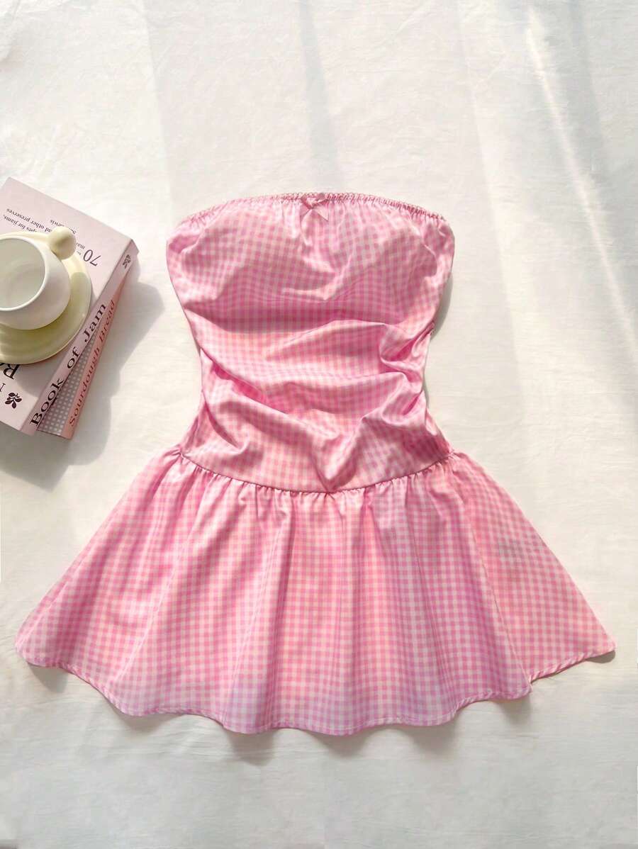 Lunelith SHEIN Lunessa Side-Seam Ruched Low Waist A-Line Bandeau Mini Dress