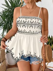 SHEIN Clasi Plus Size Women Elegant Placement Print Elastic Waist Ruffle Hem Tank Top - Multicolor - View 3