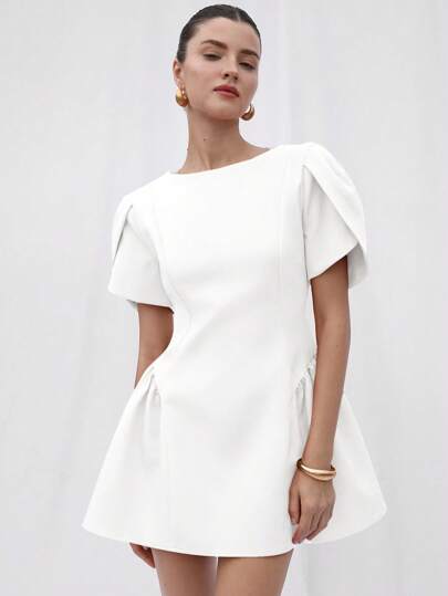 Aveloria Rosie Tulip 3D Print Short Sleeve Round Neck Peplum Hem Split Princess Mini Dress For Women Elegant FashionableOld Money Style  For Summer