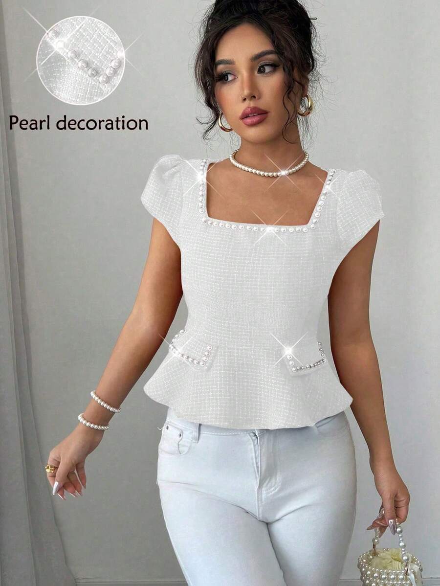 Elenzga Women Spring/Summer Resort Bohemian Square Neck Faux Pearl Beaded Blouse