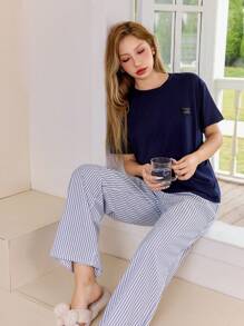 SHEIN 纯色休闲字母印花 T 恤上衣和条纹提花休闲裤睡衣套装 - 藏蓝色 - 查看 7