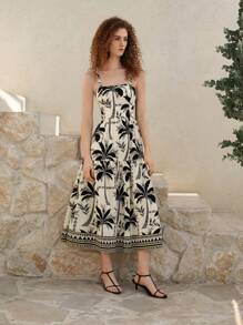 SHEIN MOD Vestido largo de vacaciones con lazo estampado en blanco y negro, espalda hueca, Vestido bohemio, de playa, de estilo occidental, casual, de fiesta, de té, vintage, para mujer en Easter, graduación, de fluido