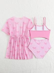 年轻女孩夏季连体泳衣/两件套防晒和服/甜甜圈印花，适合海滩度假 - 藕粉色 - 查看 2