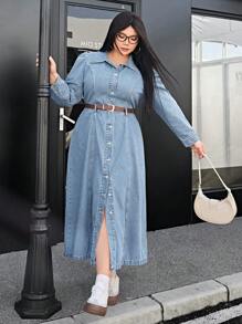SHEIN EZwear Plus Size Casual Washed Snap Front Puff Sleeve Denim Dress - Light Wash - View 4