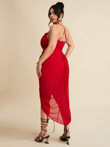 SHEIN BAE Váy tốt nghiệp xẻ đùi bằng vải voan đỏ mùa hè cỡ lớn dành cho nữ, váy sinh nhật dành cho nữ - Đỏ - Xem 7