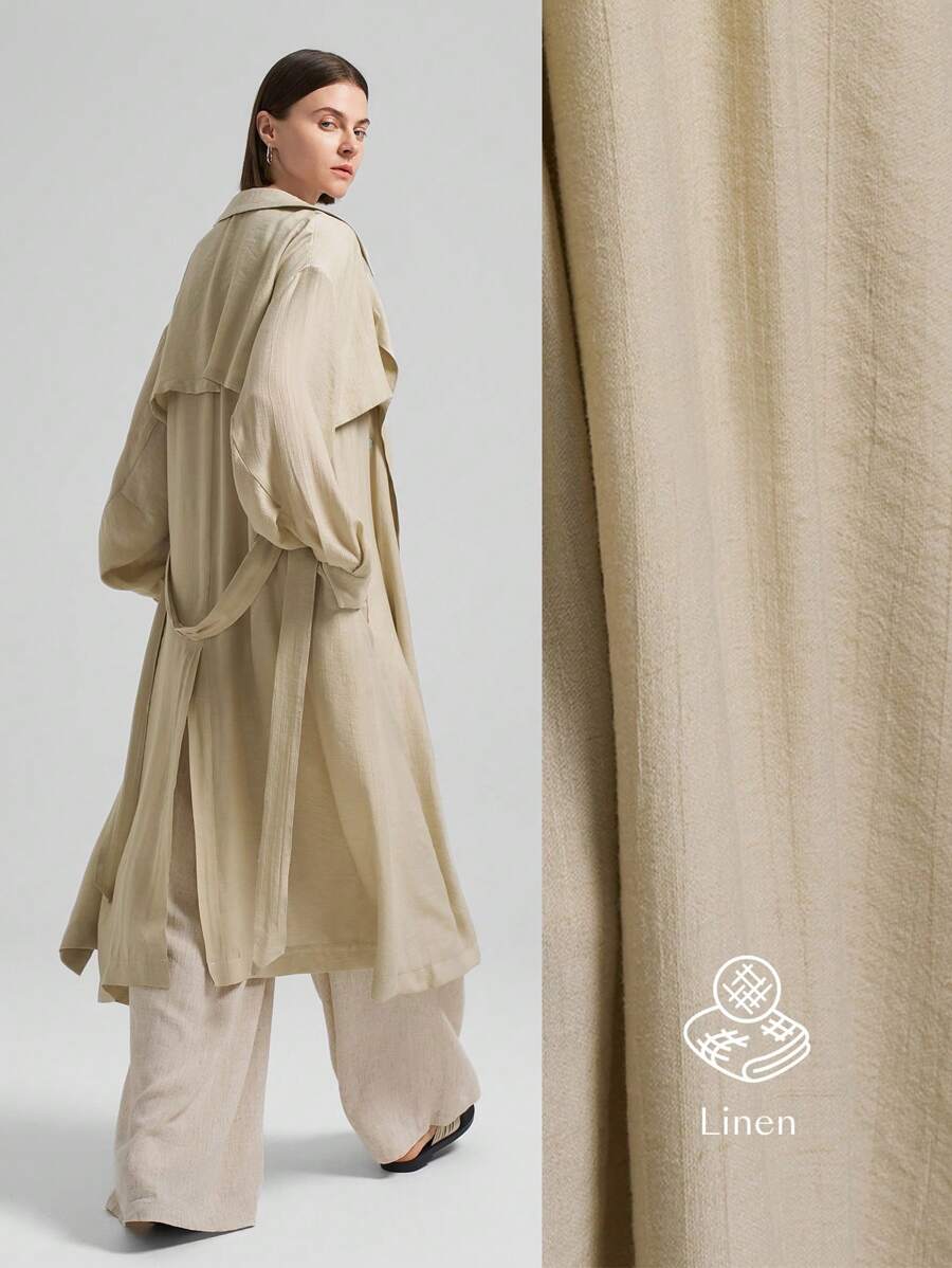 Ontre 女款素色雙排扣風衣，休閒辦公穿搭，寬鬆舒適，中性款，春夏商務休閒女裝首選 - 卡其色 - 查看 1
