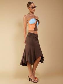 COSMINA Women's Elegant Brown Asymmetrical Ruched Skirt, Suitable For Spring & Summer Vacation Women Skirt - Brown - View 3