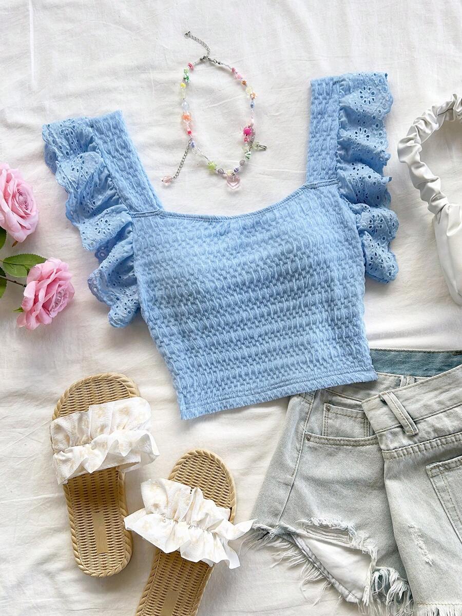 Soleia 波西米亚风、浪漫花卉、度假风、花卉图案7月4日主题上衣、度假上衣、串珠上衣、荷叶边上衣、派对上衣、背心、性感7月4日女士露脐上衣、优雅针织荷叶边露脐上衣、派对上衣 - 淺藍色 - 查看 1