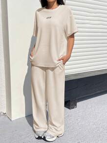 SHEIN EZwear Apricot Textured Casual Loose T-Shirt & Pants Set For Women - Apricot - View 5