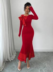 Elenzga Abito elegante aderente a maniche lunghe con blocchi di colore, fiocco e orlo a sirena per donne