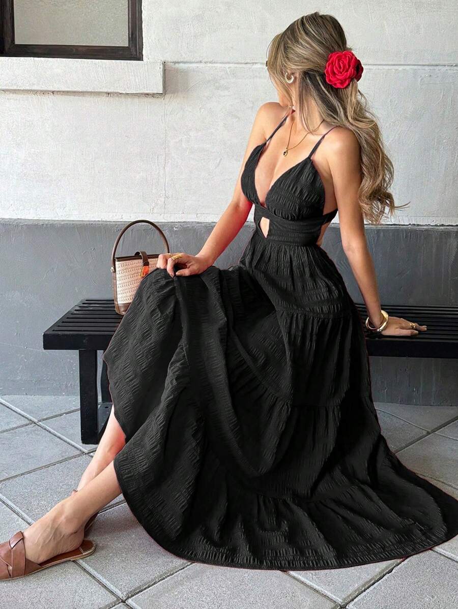 Pariaura Váy suông hở vai màu đỏ, phong cách nghỉ dưỡng giản dị dành cho nữ - màu đen - Xem 1