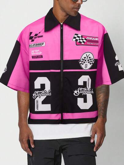 Street Life Men's Racing Solid Color Splice Front Zipper Short Sleeve Casual Shirt