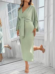 SHEIN Clasi Abito aderente mini donna taglie forti, di colore unito, con cintura in vita, maniche a pipistrello e spacco laterale