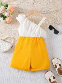 New Fashion Party & Festival Asymmetrical Neck Ruffle Trim Jumpsuit For Young Girl, Sleeveless Wide Leg High Waist Playsuit