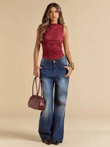 SHEIN BAE Women's Summer Tie Dye Printed Asymmetrical Collar Ruched Slim Fit Bodysuit - Coffee Brown - View 3