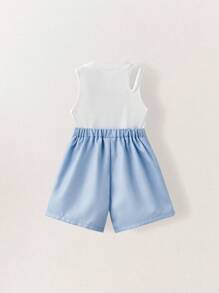 SHEIN 小女孩 2 件套：蓝色雏菊刺绣背心和配套蓝色短裤 - 彩色 - 查看 7