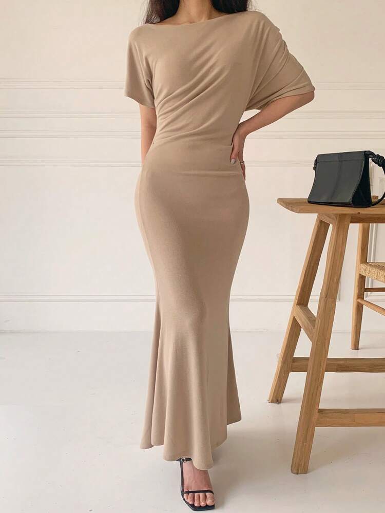 Women's Midi Oblique Shoulder Waist Fitted Bodycon Midi Dress