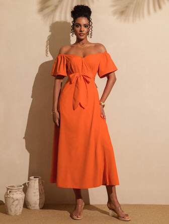 Vesra 女士纯色露肩收腰连衣裙