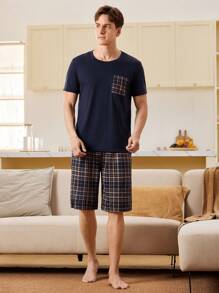 Men's Plaid Pocket Short Sleeve Shirt And Shorts Pajama Set - Navy Blue - View 3