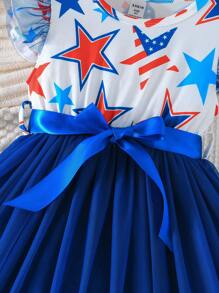 SHEIN Girls' Elegant Cap Sleeve Floral Tie Waist Dress, Suitable For Vacation & Party, Summer - Blue - View 6