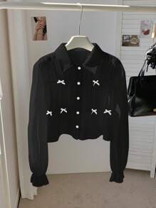 Comfortcana Plus Size Women 3D Bow Long Sleeve Short Blouse, Spring/Summer - Black - View 6