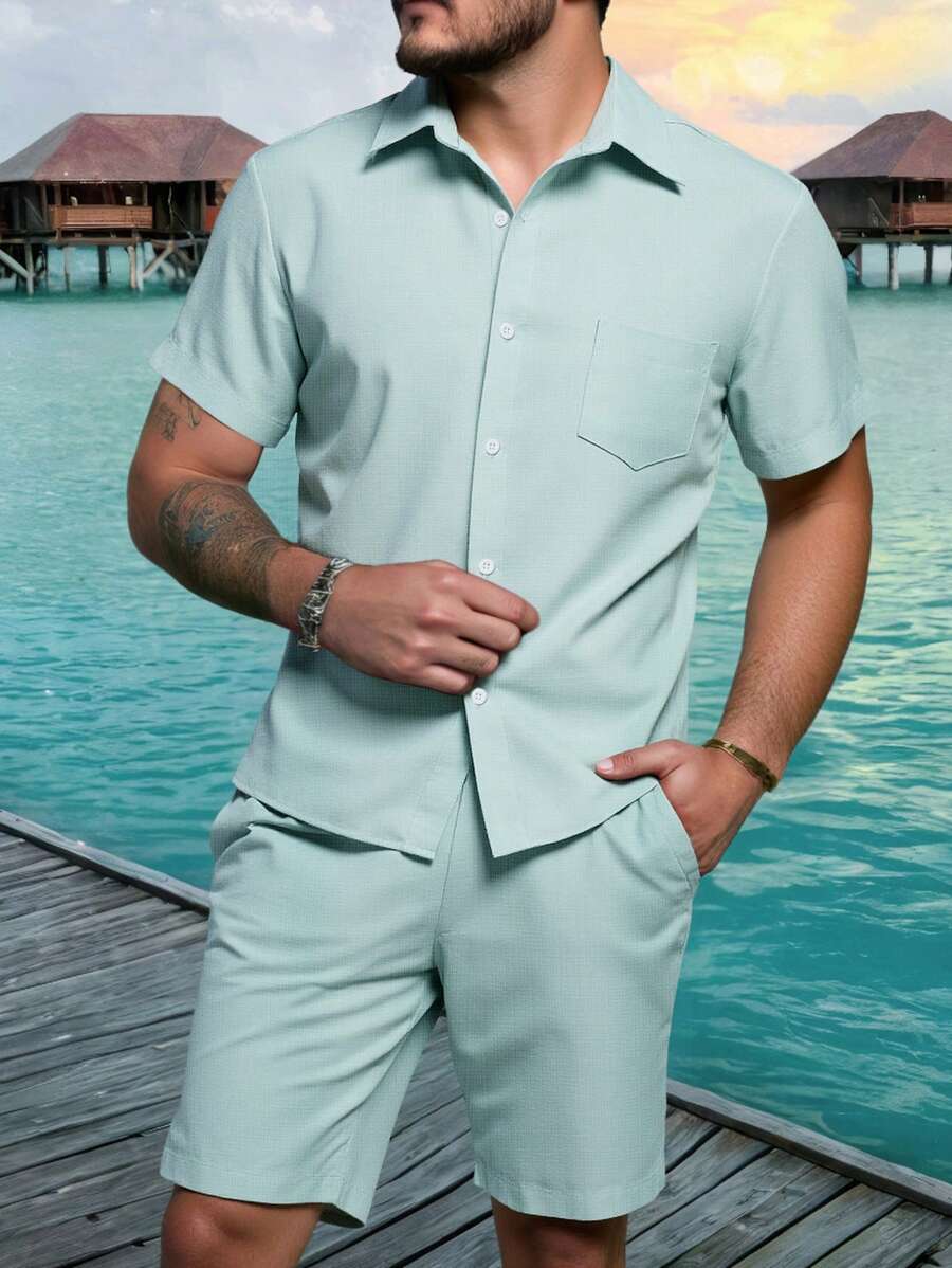 Manfinity RSRT Men's Casual Short Sleeve Shirt Set - Cadet Blue - View 1