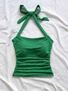 Soleia Damen grünes strukturiertes Strick Tanktop mit Rückenteil, geeignet für den Urlaub