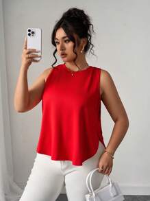 Elenzga Áo ba lỗ cổ tròn màu trơn cỡ lớn cho nữ, xẻ tà bên hông, thường ngày đi nghỉ - Đỏ - Xem 3