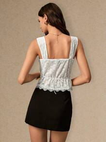 Poéselle 女士花卉提花对比蕾丝蝴蝶结装饰优雅 T 恤 - 白色 - 查看 2